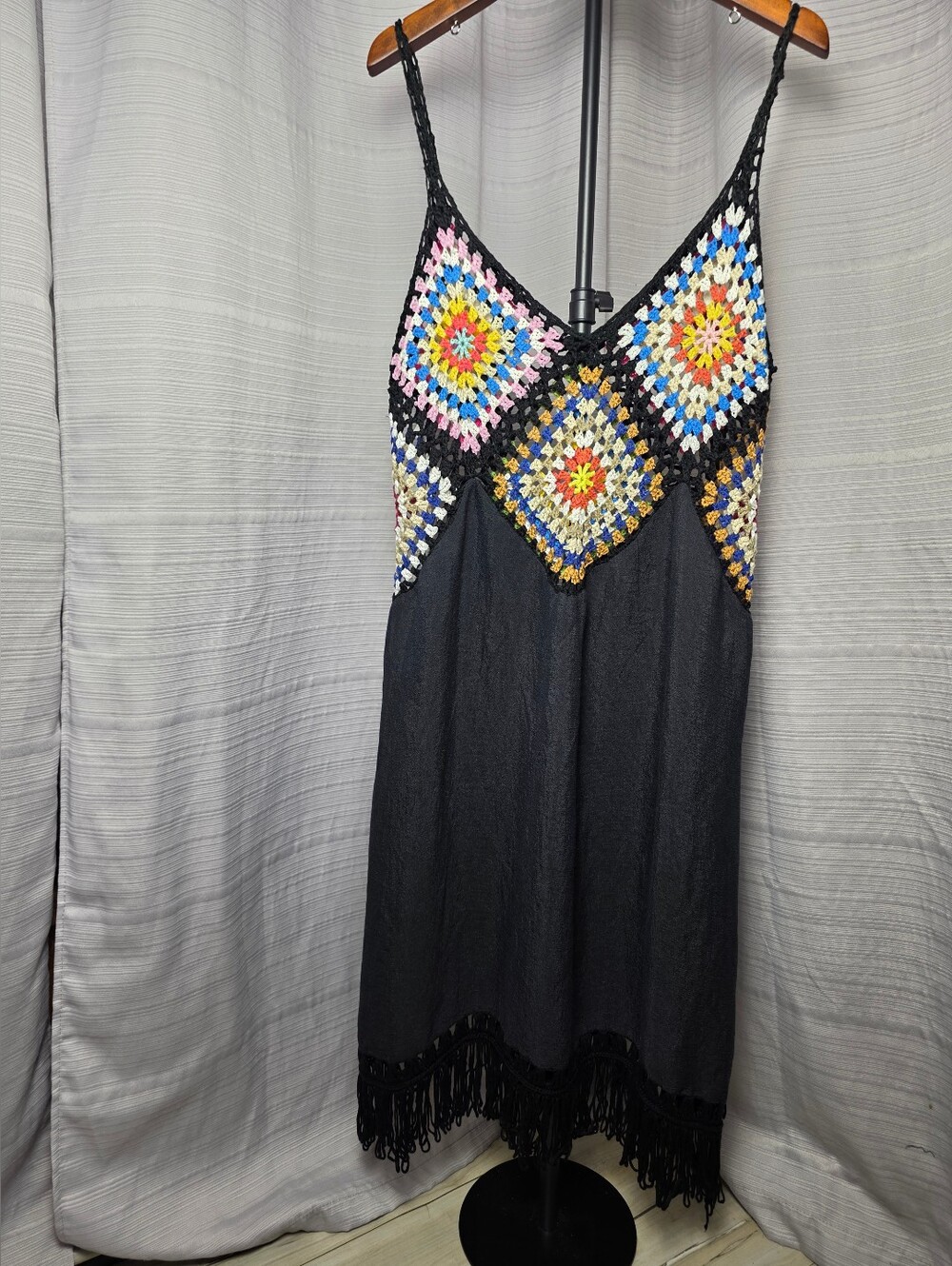 Boho crochet granny square knit black whimsygoth dress